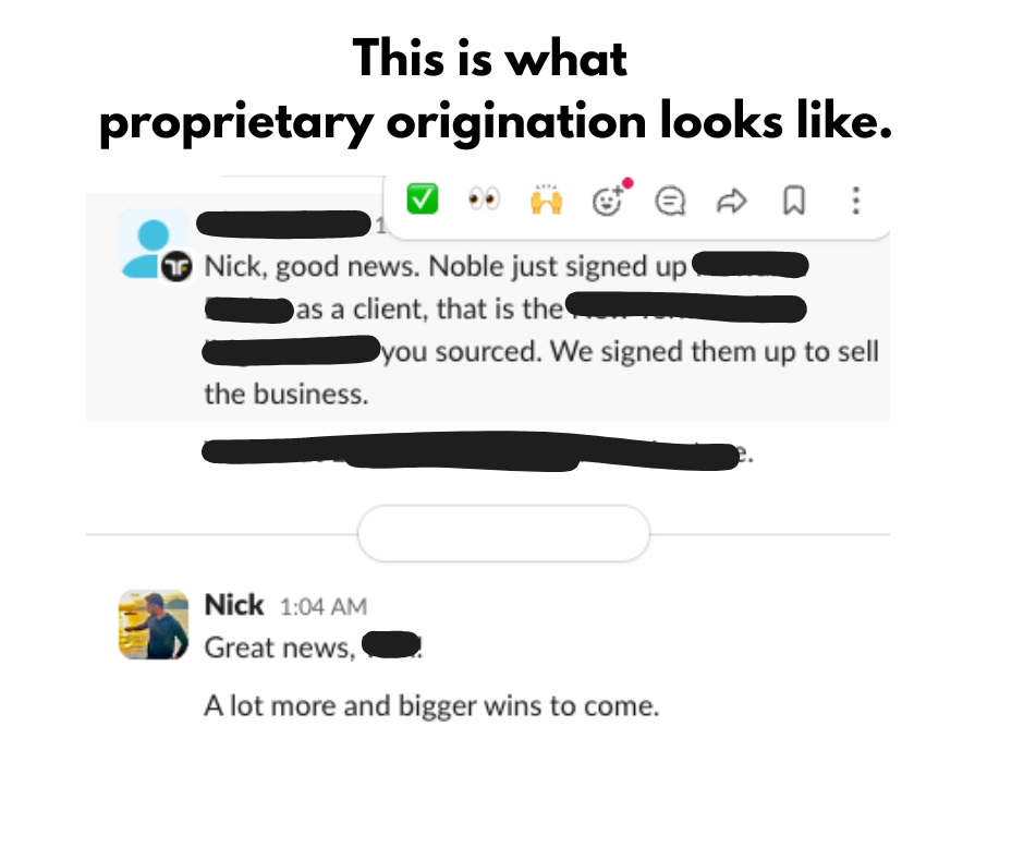Slack message from the NOBLE deal team: Noble signed up the client we sourced to sell the business